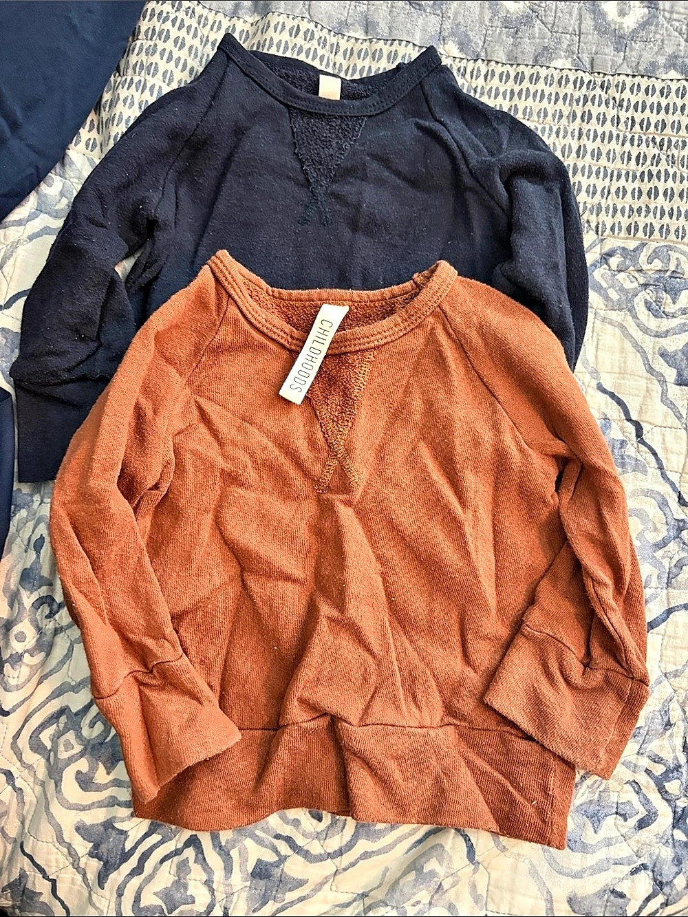 Childhoods Clothing Pullover Crew Sweatshirts in Navy and Cognac